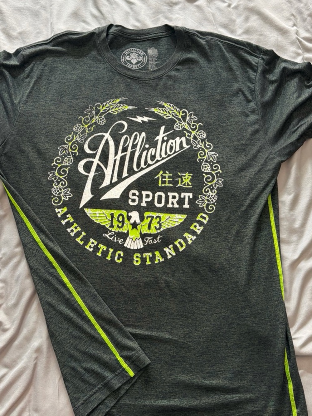 Affliction Dark Gray Short Sleeve Sport Tee with Lime Accents